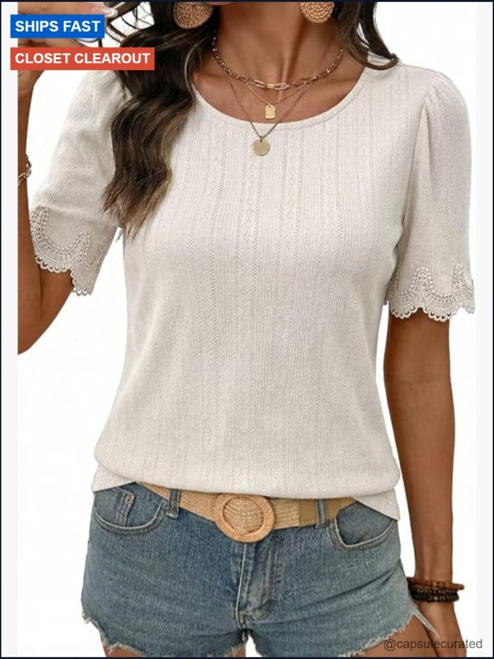 Hollow Out Lace Trim Short Sleeve T-Shirt Womens Blouse